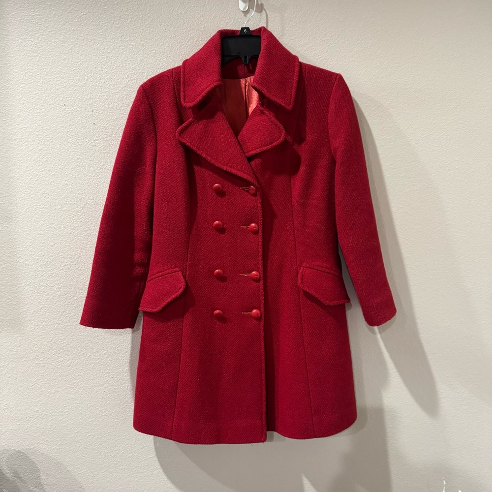 Elegant Perfect Red Double-Breasted Women's Coat w/ Front Slit Pockets Size Med